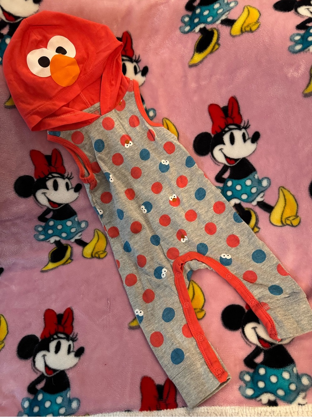 Sesame Street Elmo Hooded Polka Dot Romper - Red, Gray, Blue 3 6 Months C3